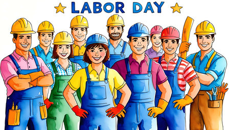 Labor Day. Group of workers in helmets and overalls. Vector illustration.の素材