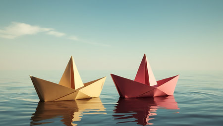 Leadership concept with paper boats floating in the sea. 3d renderの素材