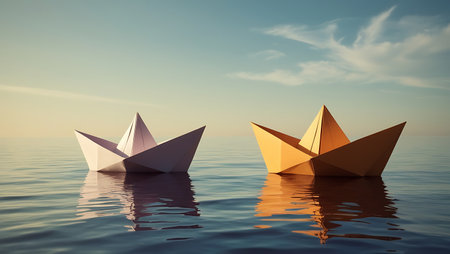 Paper boats floating in the sea. 3d illustration. Concept of businessの素材