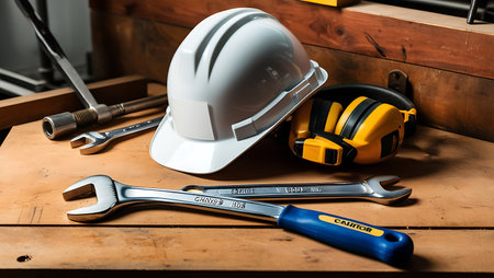 Hard hat and construction tools on a wooden table in a workshop.の素材