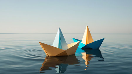 Conceptual image of paper boats floating in the sea. 3d renderの素材