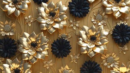 3d illustration of golden and black flowers pattern background for creative design workの素材