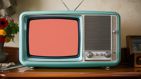 Retro television on the table in the living room, stock photoの素材