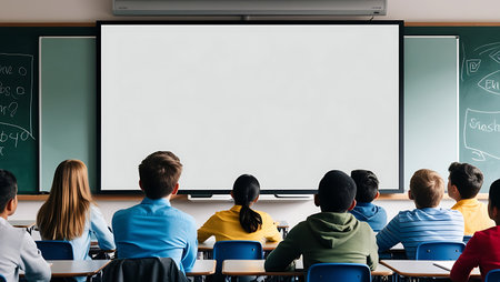Rear view of a group of students sitting in front of a whiteboard in a classroomの素材