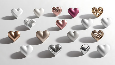 3D render of a lot of hearts on a white background.の素材