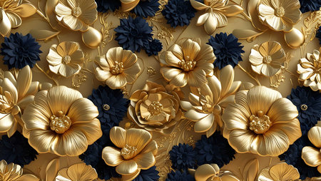 3d render, abstract floral background, gold and black flowers, seamless patternの素材