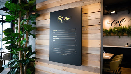 Restaurant menu mockup on wooden wall with copy space.の素材
