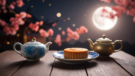 Moon cake and tea pot on wooden table with cherry blossom backgroundの素材