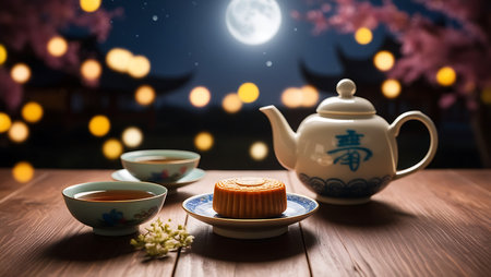Moon cake and tea on wooden table in front of full moon.の素材