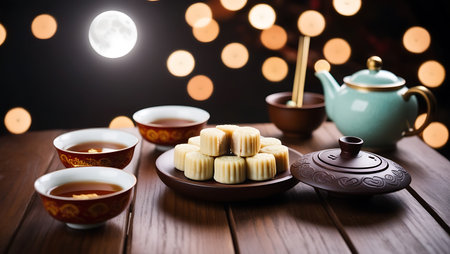 Cup of tea and sweets on a wooden table with bokeh backgroundの素材