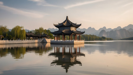 Chinese pavilion on the lake in Guilin, China.の素材