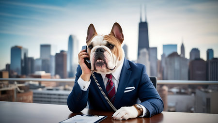 businessman with bulldog talking on the phone and looking at cameraの素材