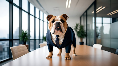 english bulldog in suit and tie standing at table in meeting roomの素材