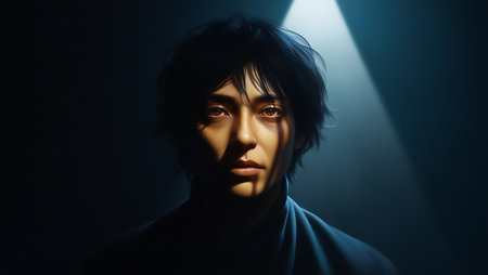 Portrait of a young man in a dark room with light.の素材