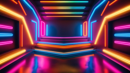 3D abstract background with neon lights. 3d illustration, 3d renderの素材