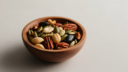 Mix nuts in wooden bowl on white background. Healthy food concept.の素材
