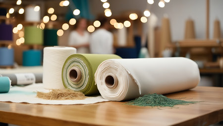 Rolls of fabric on table in textile factory, closeup viewの素材
