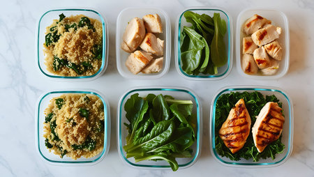 Healthy salad with quinoa, chicken fillet and spinach. Top viewの素材