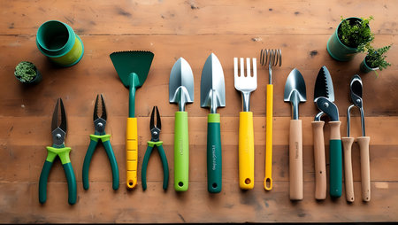 Gardening tools on a wooden background. Gardening concept.の素材