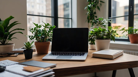 Laptop with blank screen on wooden table in modern office with plantsの素材