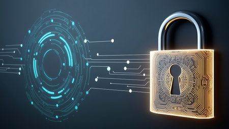 Data security concept with padlock on blue background. 3D renderingの素材