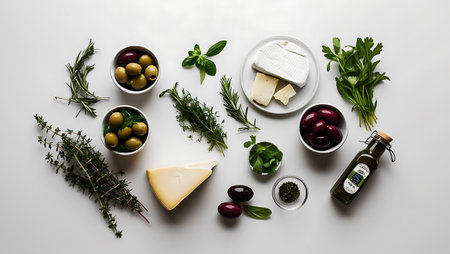 top view of various types of olives, herbs and cheese on white surfaceの素材