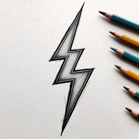 Lightning drawing with pencils on white paper. 3d illustrationの素材