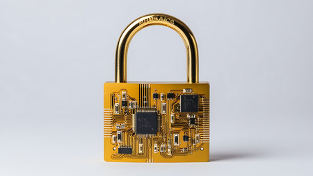 3d rendering of a golden padlock on a white background.の素材