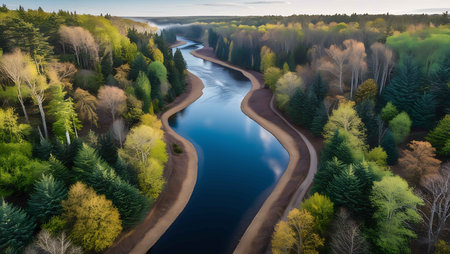 Aerial view of the river in the forest. Drone photography.の素材