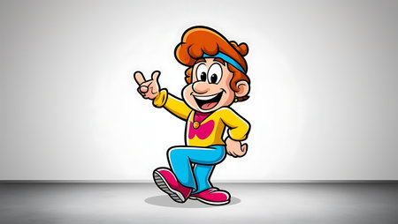 Funny cartoon man with victory sign in front of a wall backgroundの素材