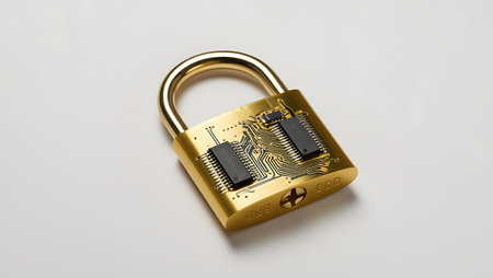 Close-up of a padlock on a white background with copy spaceの素材