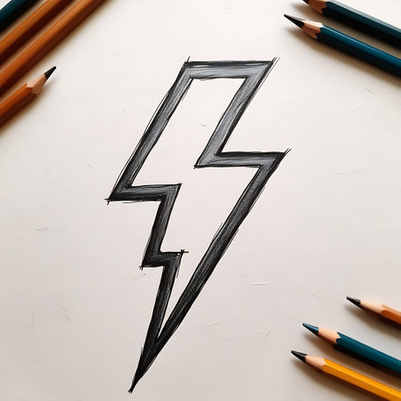 Lightning symbol drawn with pencils on a white paper background.の素材