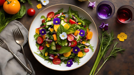 Vegetable salad with edible flowers. Healthy food concept. Top viewの素材