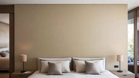 Interior of a hotel bedroom with beige walls, white floor, comfortable king size bed with pillows and a lamp. 3d rendering mock upの素材