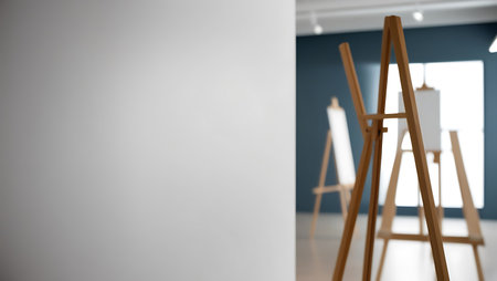 Blurred image of an easel in a modern artist's studioの素材