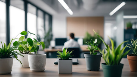 Modern office interior with plants. Businessman working on laptop at workplace.の素材
