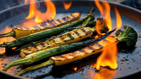 Grilled zucchini and pepper on the grill with flames.の素材