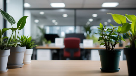 Interior of a modern office with plants in pots, blurred backgroundの素材
