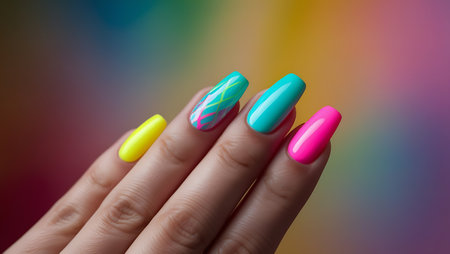 Female hand with bright neon nail design. Multicolored nail polish manicure.の素材