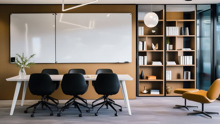 Interior of modern conference room with brown walls, concrete floor, orange armchairs and bookcase with folders. Vertical mock up poster. 3d renderingの素材