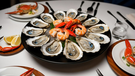 Seafood platter on a white table, close-upの素材