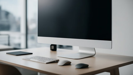Close up of modern designer desktop with blank computer screen, keyboard, mouse, smartphone and other items. Mock upの素材