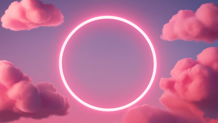 Abstract background with pink clouds and round neon frame. 3D renderingの素材