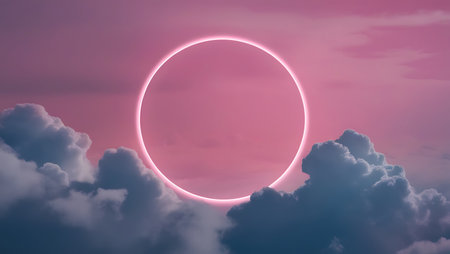 Glowing circle in the sky with clouds. 3D rendering.の素材