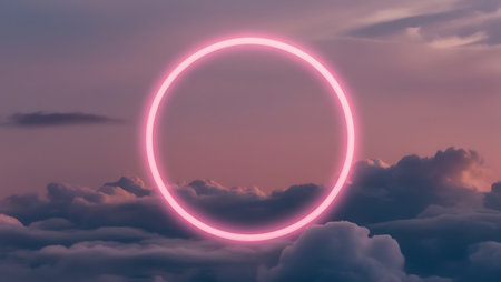 Neon circle on a background of blue sky with clouds. 3d renderingの素材
