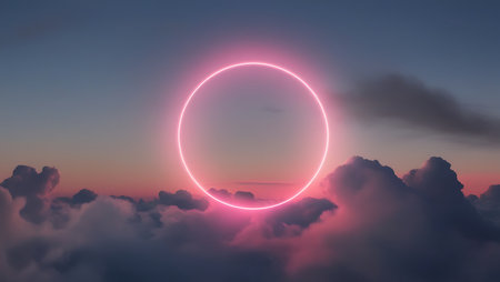 Futuristic neon circle in the cloudy sky. 3d renderingの素材