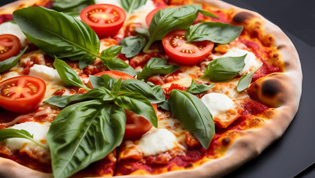 Pizza with mozzarella, tomatoes and basil on black backgroundの素材
