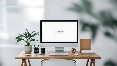 Close up of modern workplace with blank computer screen, stationery and decorations. Mock up, 3D Renderingの素材