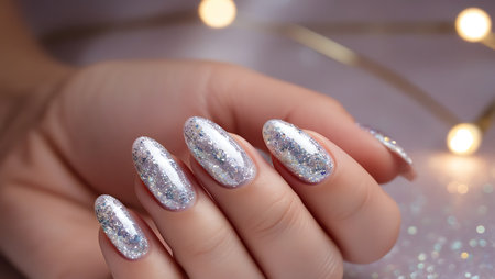 Female hand with glitter nail design. Glitter silver nail polish manicure.の素材