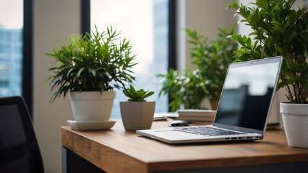 Workplace with laptop and green plants on wooden table in modern officeの素材